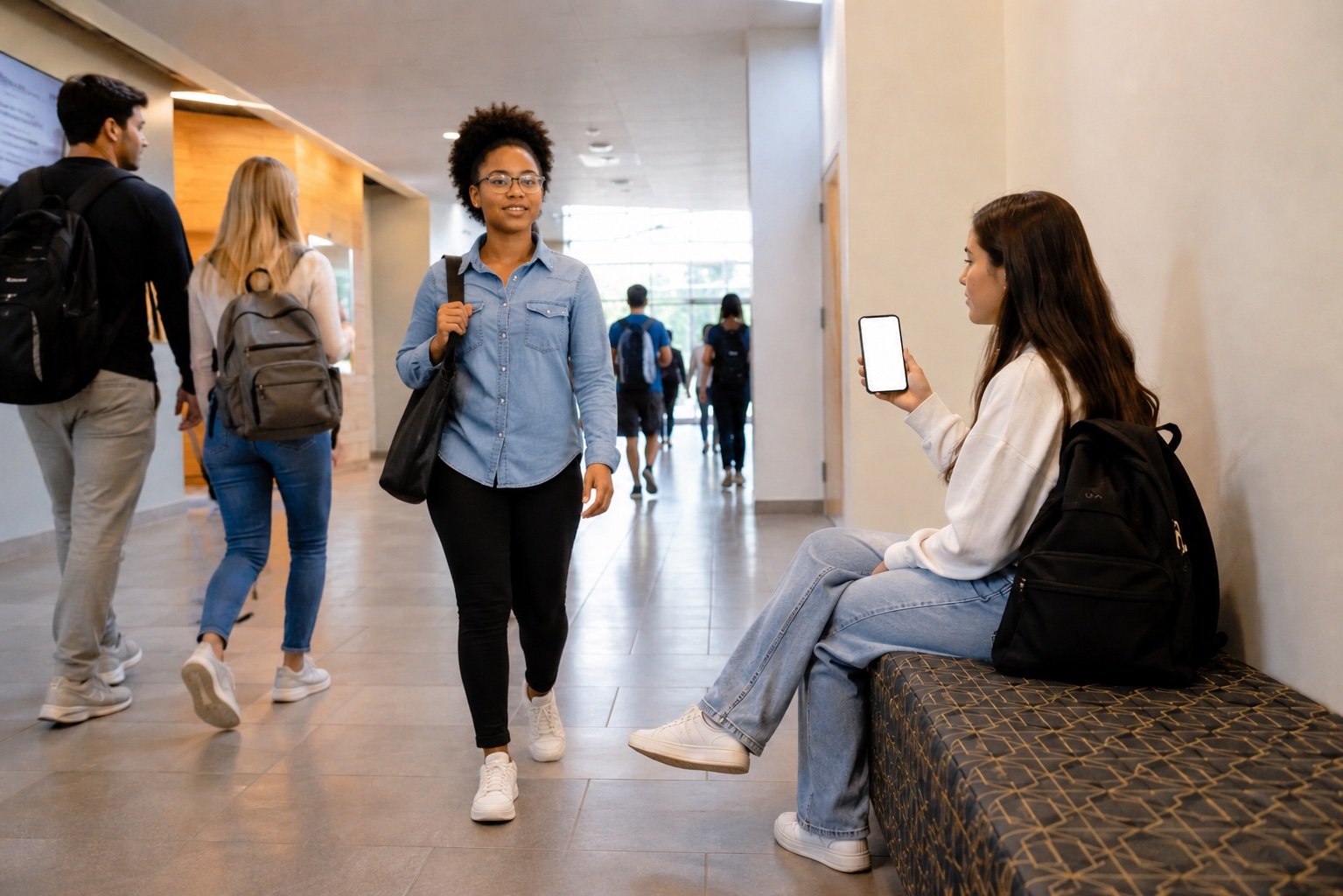 Student in college hallway