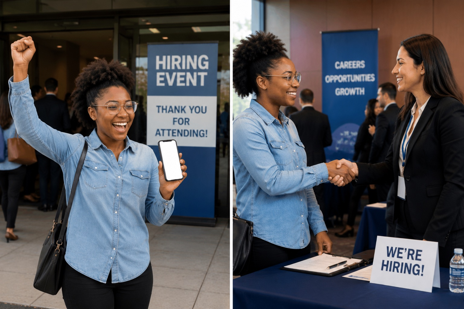 Maya celebrating at hiring event and shaking hands with recruiter